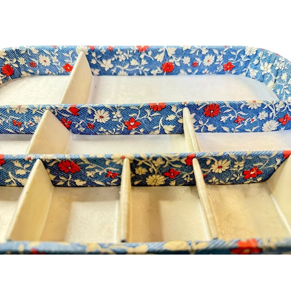 Vintage Floral Fabric Jewelry Organizer Tray Blue Red Vanity Storage Display Box